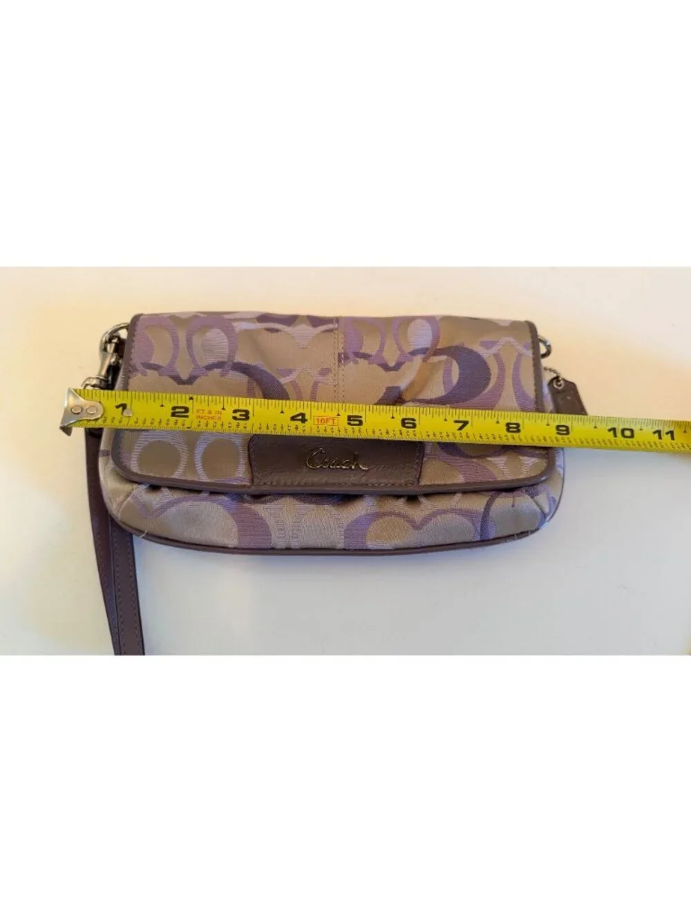 Coach Large Flap Wristlet Clutch Beige & Purple Signature C Logo Pattern